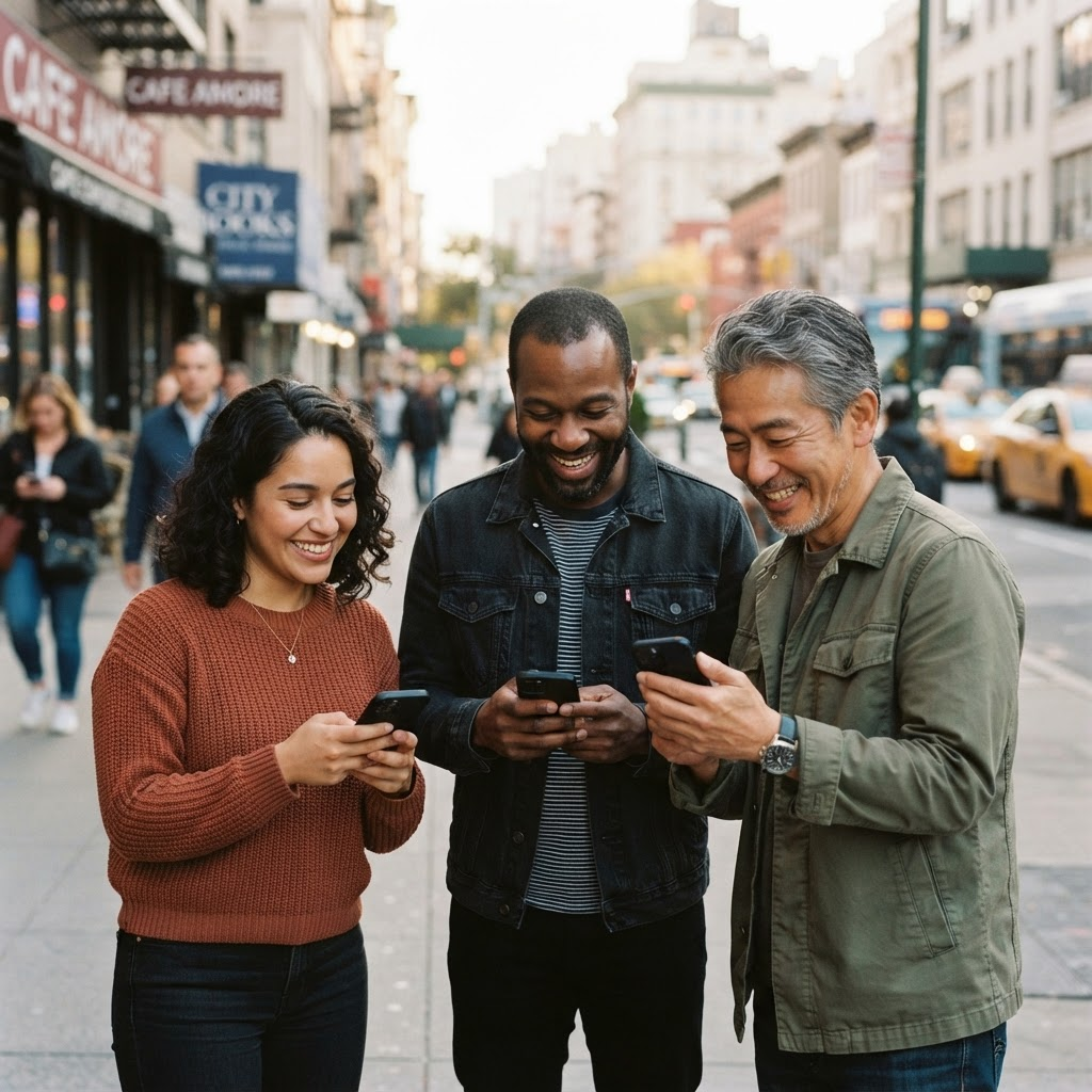 A diverse group of people smiling together while checking their phones outdoors